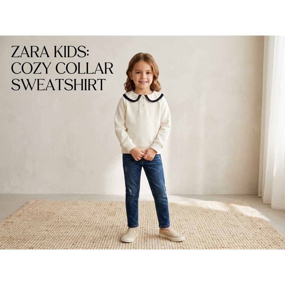 Zara Kids Sweatshirt Girls Size 6 Off-White Excellent Peter Pan Collar Preppy
